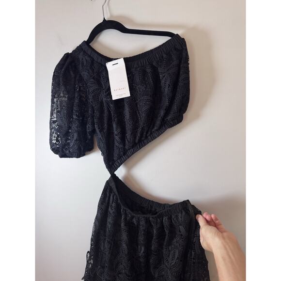 Waimari Jade Midi Dress S Black One Puff Shoulder Sheer Cutout Eyelet Lace NWT - Picture 8 of 16